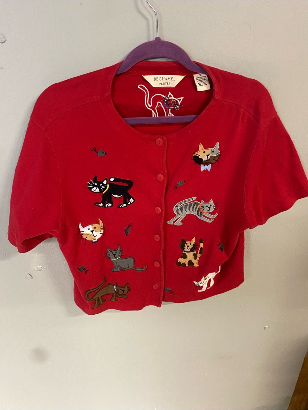 Bechamel Red Cropped Cat Embroidered Cardigan